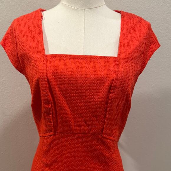 Adrianna Papell Strawberry Red Textured Sheath Midi Dress 12 Square Neck Wedding - Picture 3 of 8